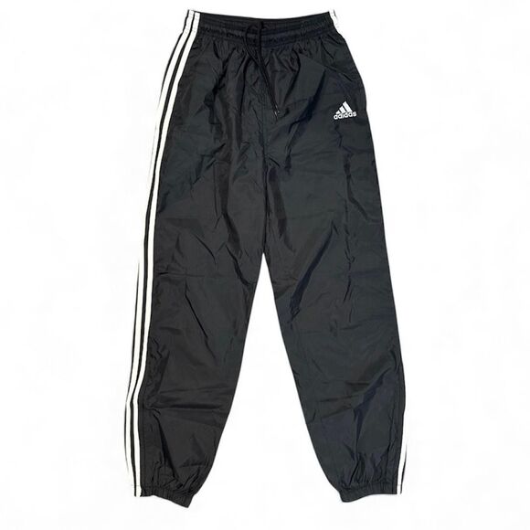 Vintage Adidas Pants Sz Small Black Nylon Track Windbreaker 3 Stripe 90s unisex - Picture 1 of 7